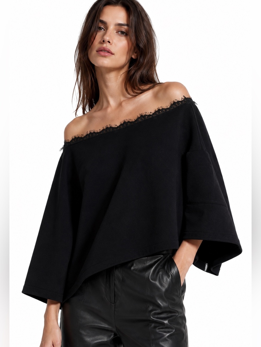Black lace oversized dolman sweatshirt soft fleece lined illusion mesh shoulders